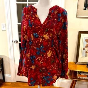 Maeve Red Floral Button Down Top with Blue and Yellow Accents. Size L.